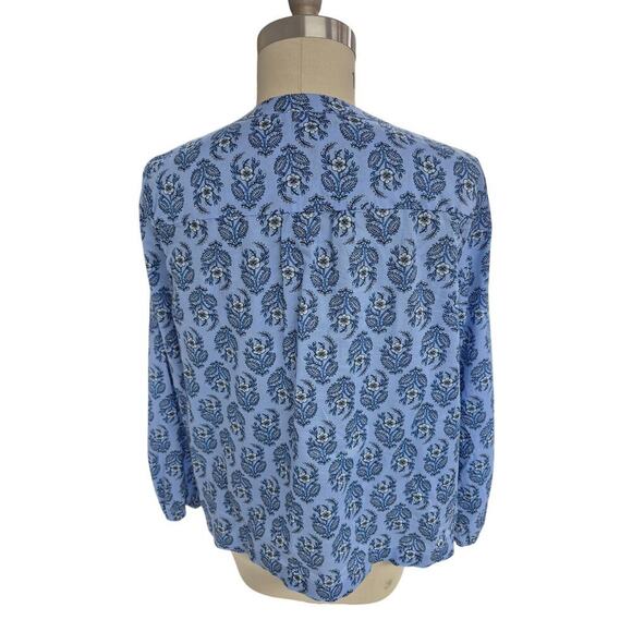 J Crew 100% Cotton Popover Split Neck Peasant Blouse Blue Floral Sz L - Picture 3 of 7
